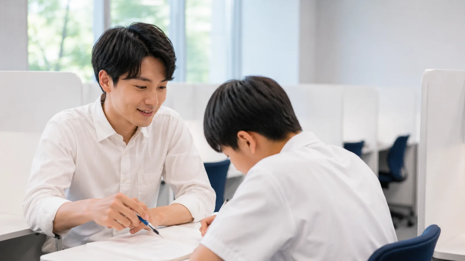 生徒のノートを指し示しながら教える講師